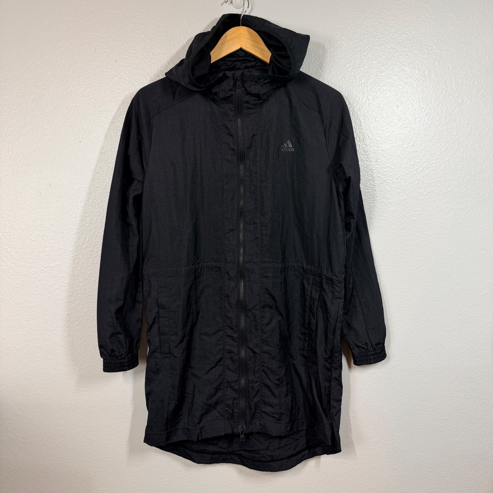 Adidas Windbreaker Women S Black Longline Hooded Jacket Drawstring Full Zip